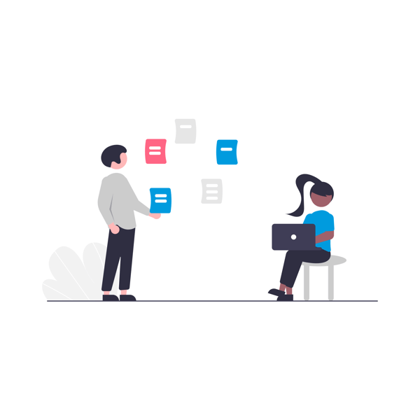 Graphic of a person with documents floating in front of them looks at person on laptop sitting in a chair Graphic of a person with documents floating in front of them looks at person on laptop sitting in a chair