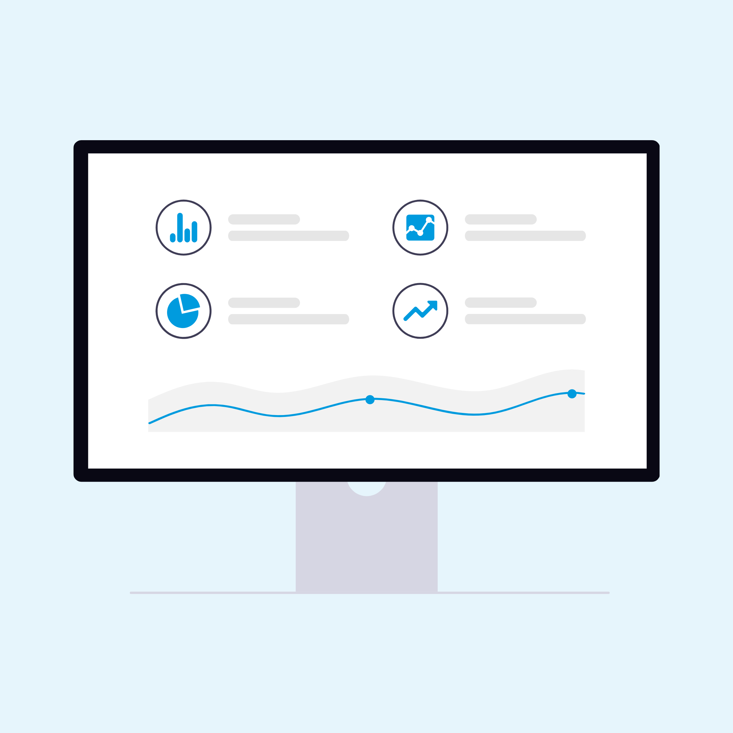 Graphic of a computer monitors showing charts
