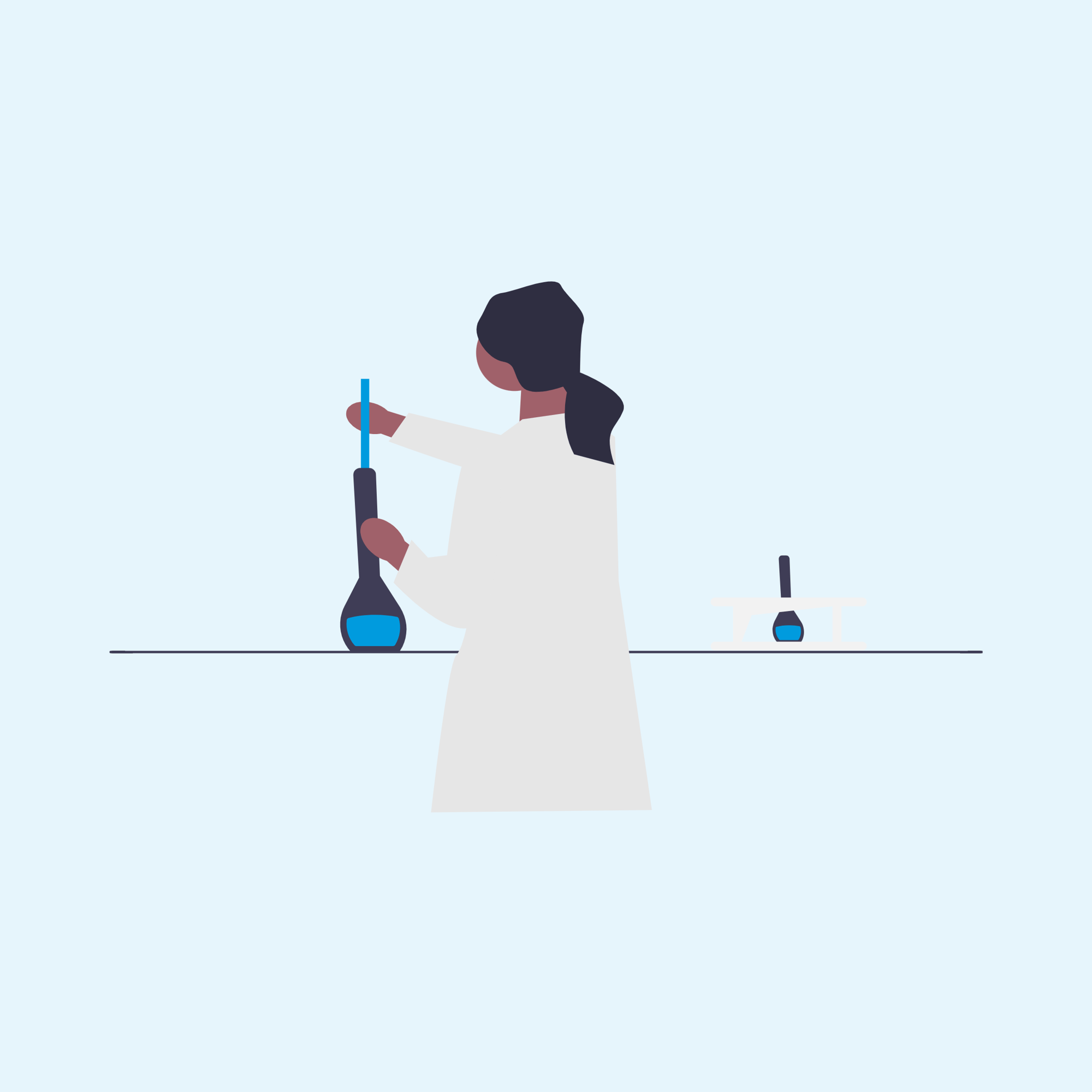 Graphic of a person in a lab coat working with chemicals in a lab