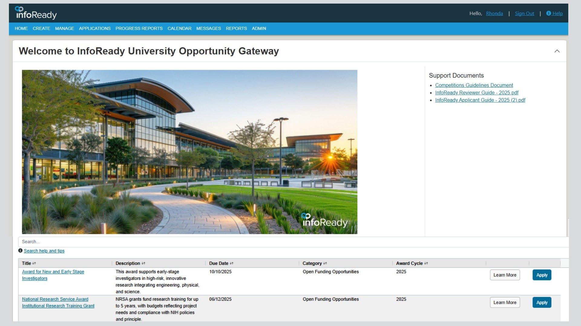 Screenshot of the InfoReady Platform Gateway page Screenshot of the InfoReady Platform Gateway page