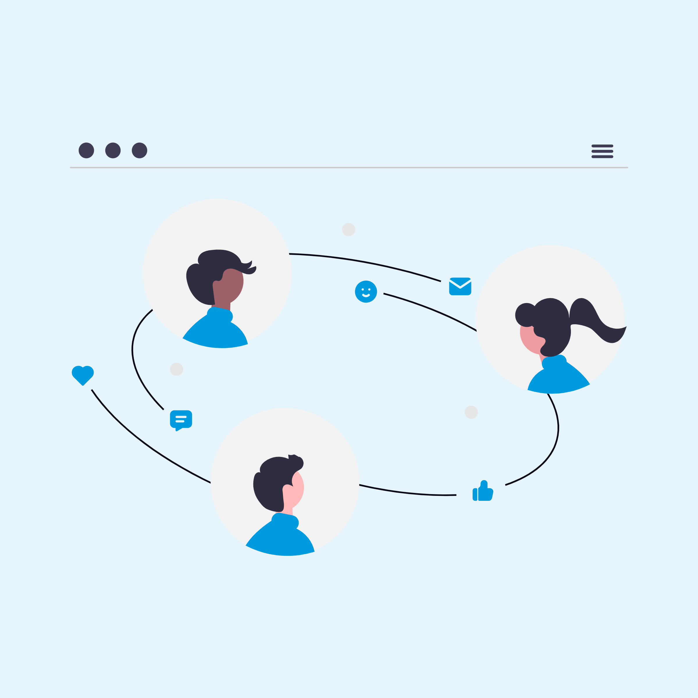 Graphic of the heads of three people surrounded by tech icons like a thumbs up and a heart Graphic of the heads of three people surrounded by tech icons like a thumbs up and a heart