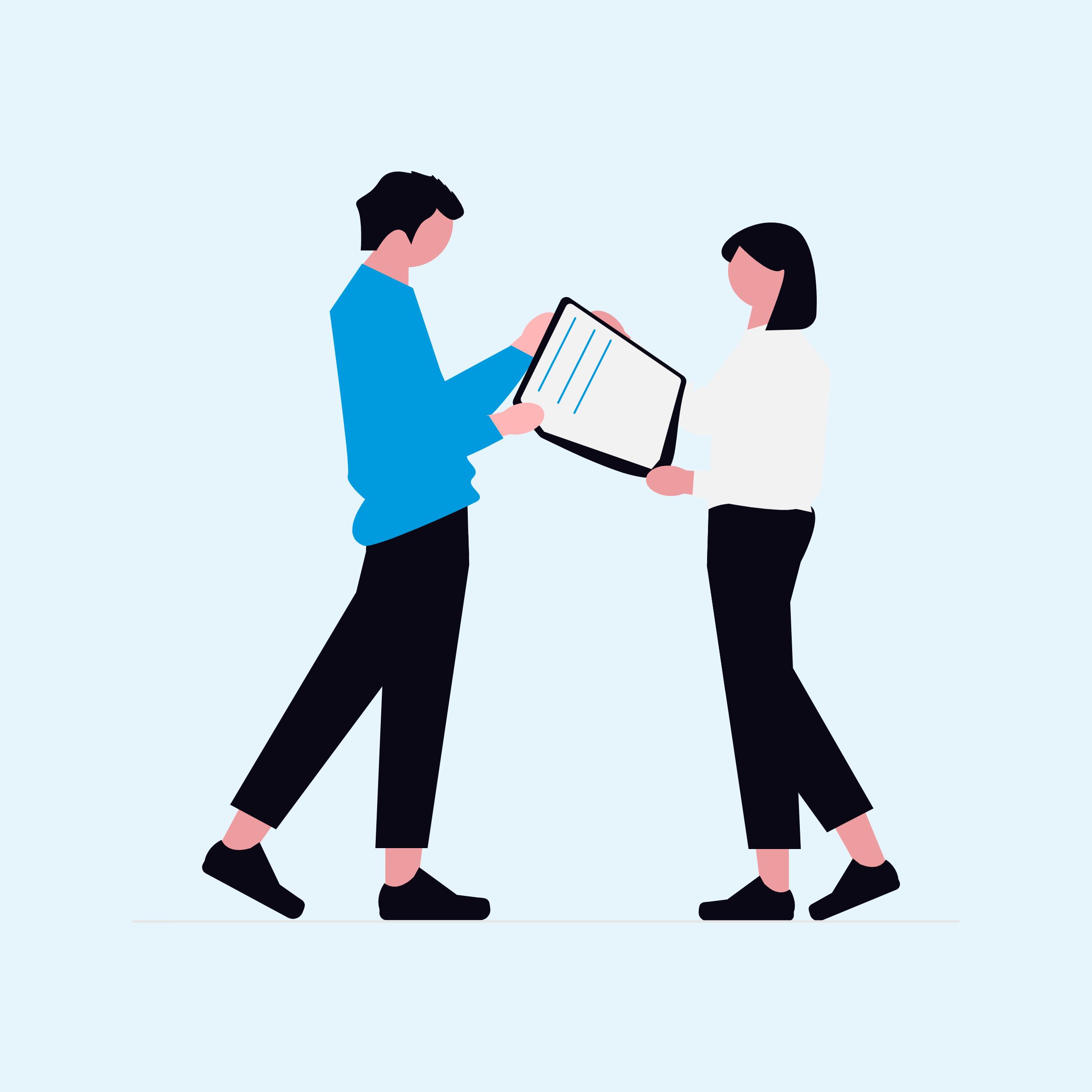 Graphic of a person handing a document to another person Graphic of a person handing a document to another person
