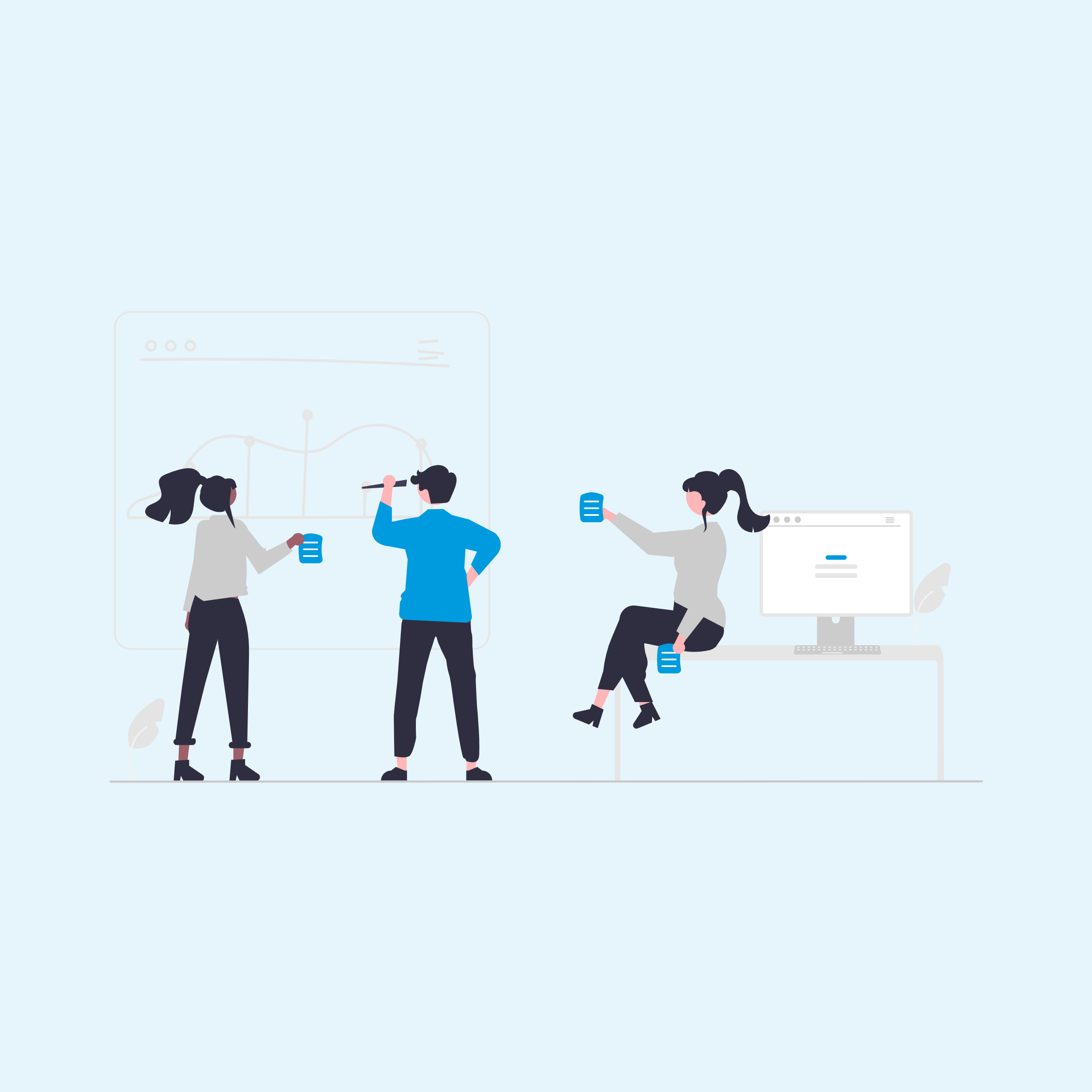 Graphic of 3 people working on a graph near a desktop computer