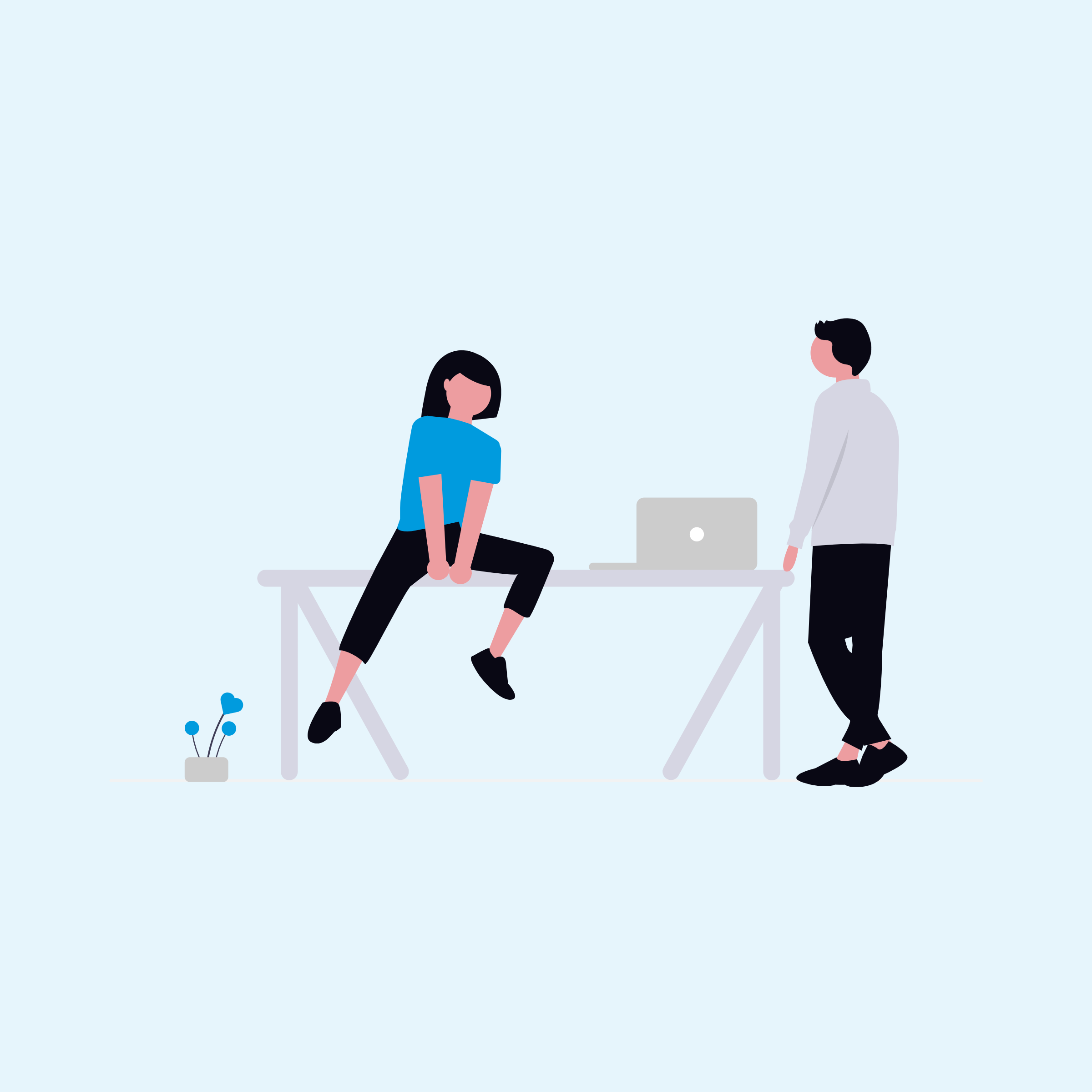 Graphic of person sitting on table next to laptop talking to someone standing next to the table