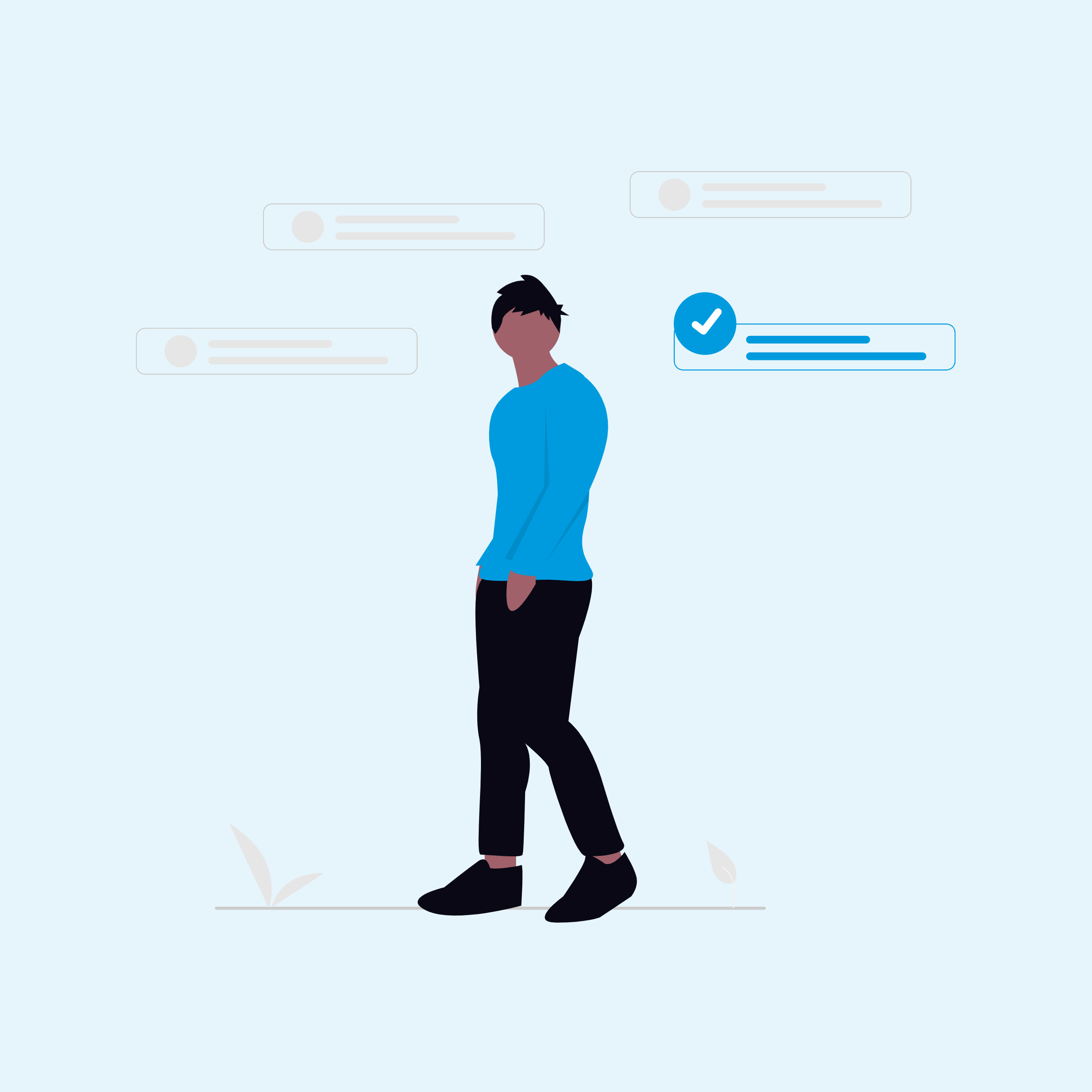 Graphic of man surrounded by text bubbles Graphic of man surrounded by text bubbles