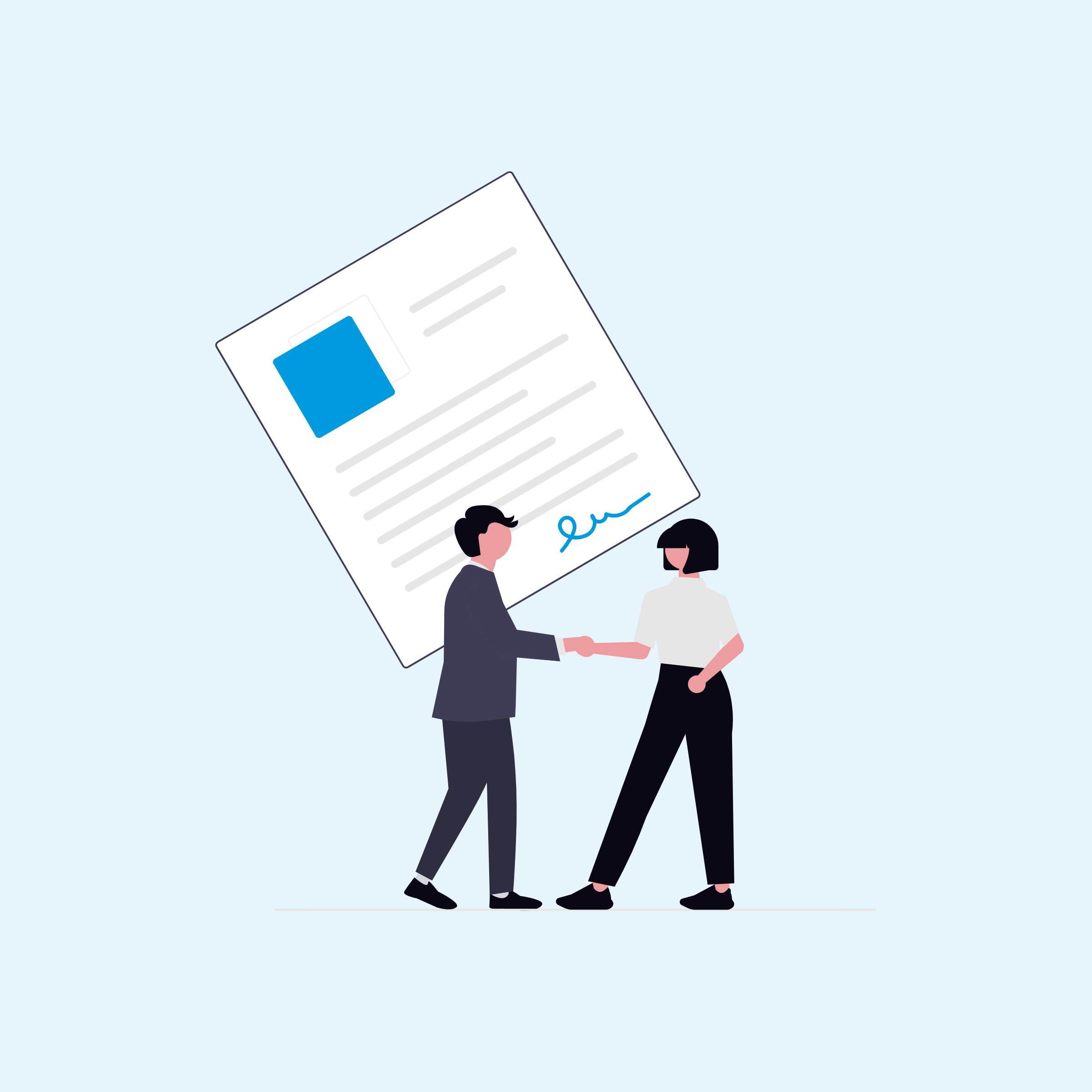 Graphic of two people shaking hands with a giant document in the background Graphic of two people shaking hands with a giant document in the background