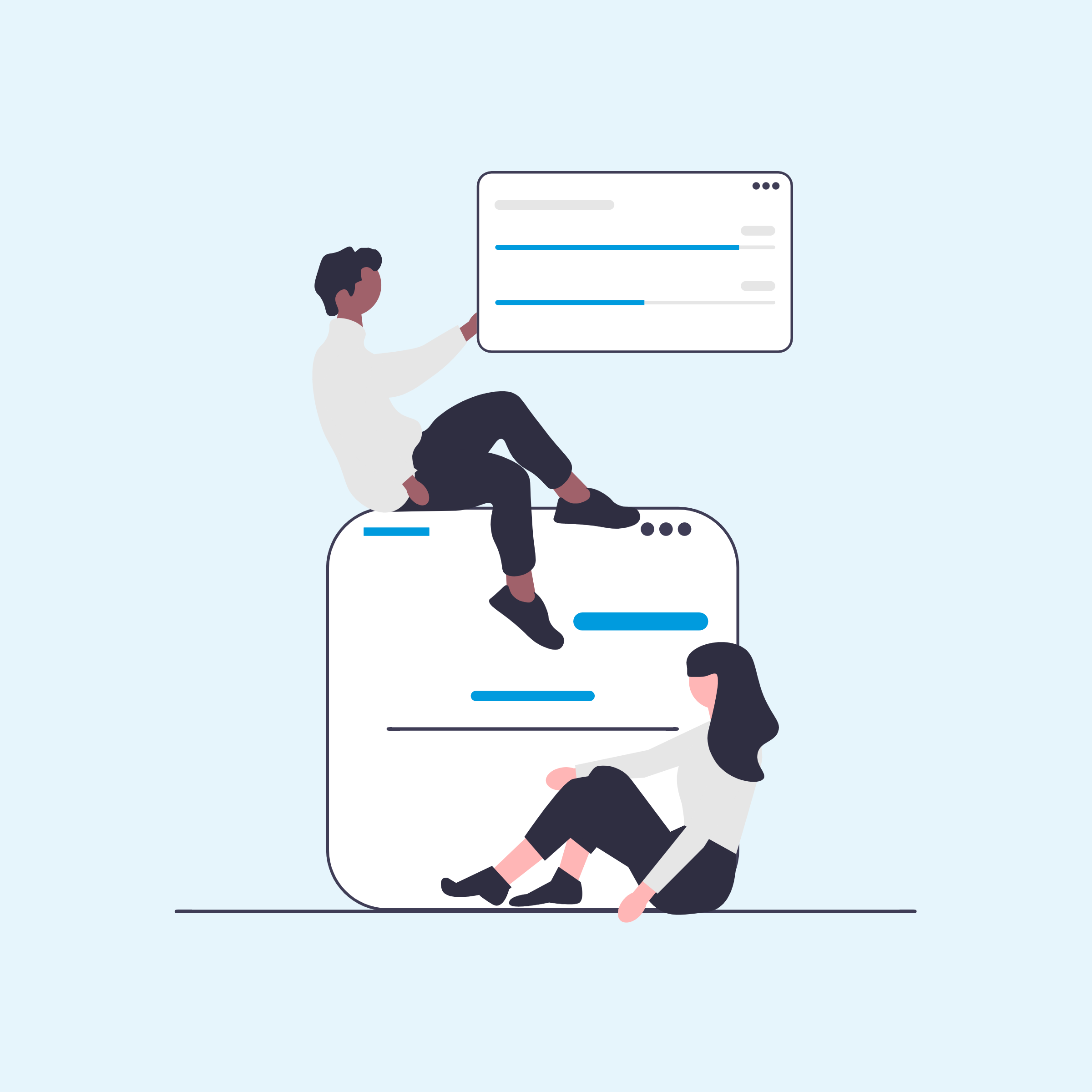 Graphic of two people sitting on and around very large documents Graphic of two people sitting on and around very large documents