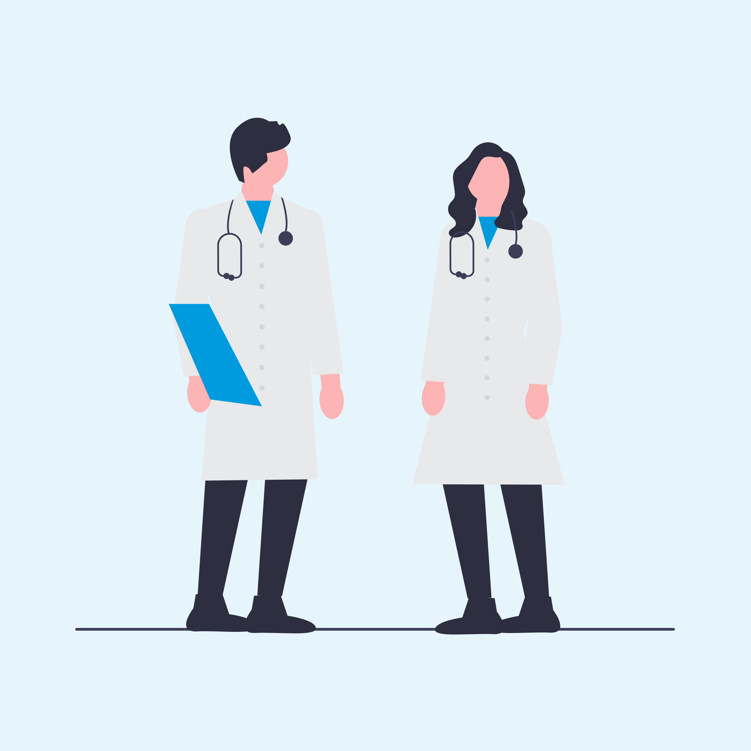 Graphic of two people wearing lab coats and stethoscopes